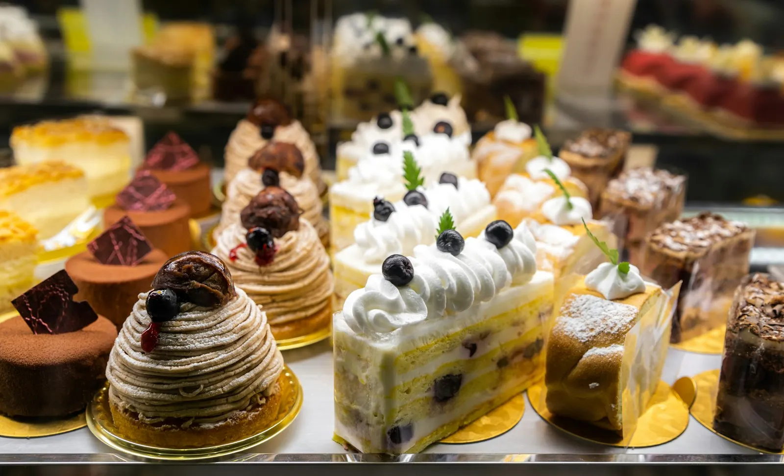 Cakes in a café display